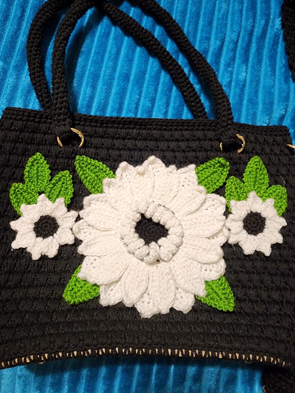 Handmade Black Crochet Tote with White 3 D Floral Applique Crossbody Strap